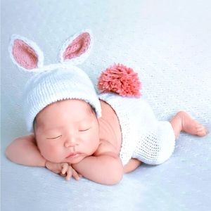 3D Pom Rabbit Newborn Photography Hat Pant Set